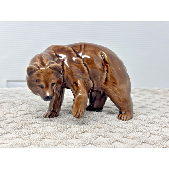 Handcrafted Other - Vtg Ceramic GRIZZLY BEAR Figurine Mountain Bear‎ Glazed Brown 5" x 3.5" Mold
